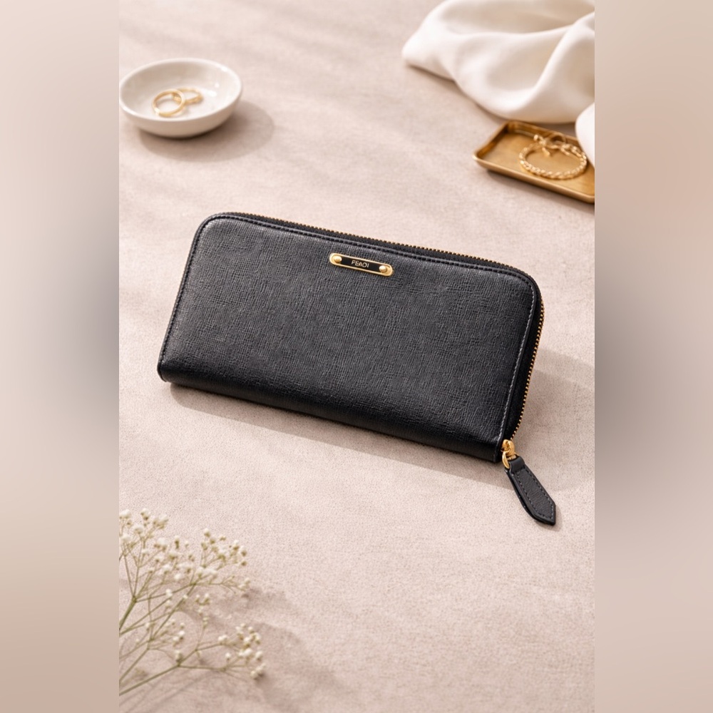 Fendi Zip Around Wallet Black Vitello Elite Leather Gold Hardware Italy
